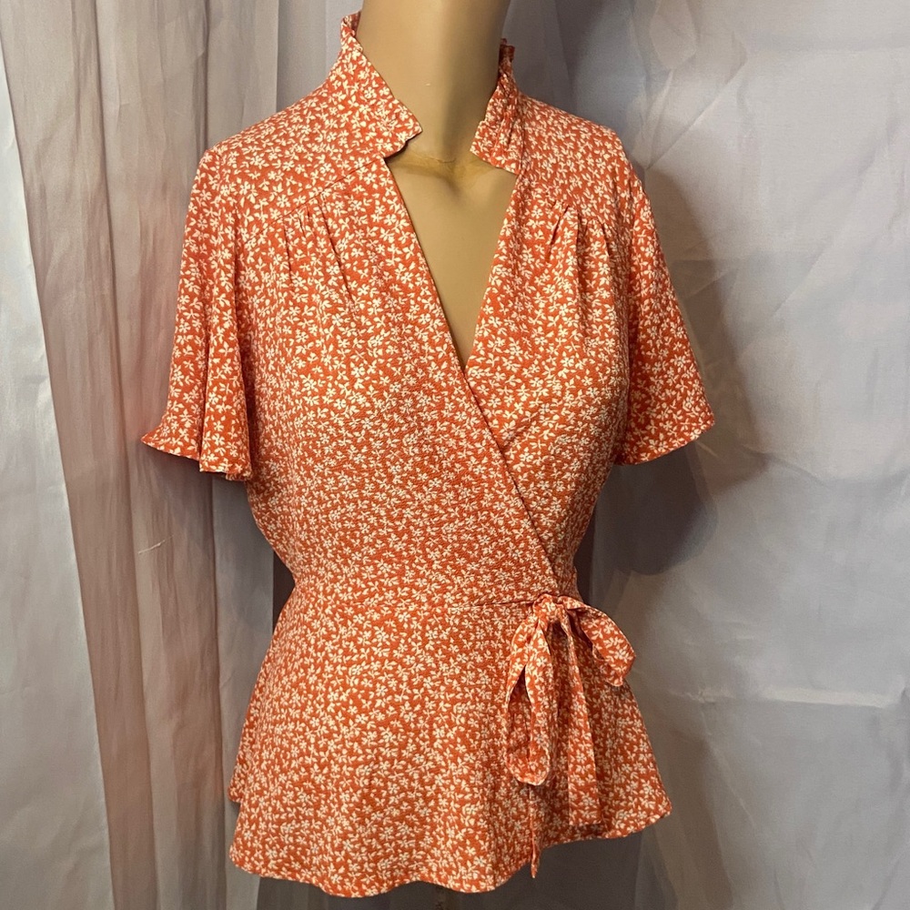 Elegant Floral Wrap Blouse in Orange